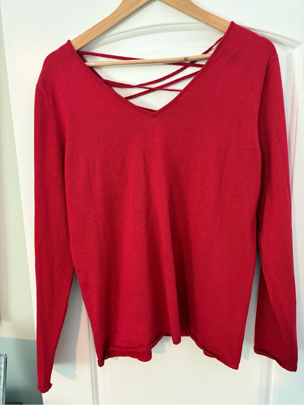 New York & Company Red Long-Sleeve V-Neck Top with Crisscross Back